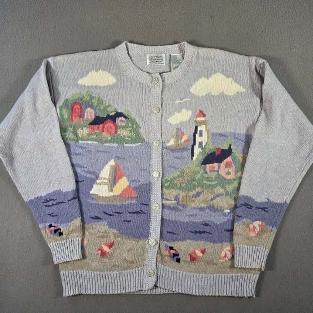 Northern Treasures Cardigan Large Pastel Nautical Lighthouse Sailboat Sweater